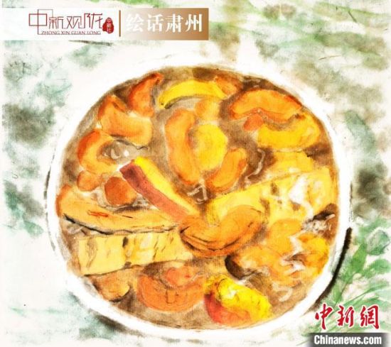 圖為酒泉美食“糊鍋”繪畫作品。　杜興彥 攝