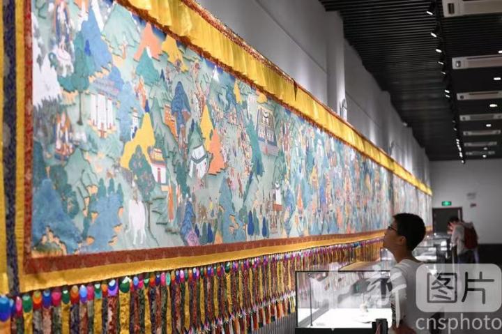 圖為一名小朋友觀看唐卡《涼州會盟》。 中新社記者 戴文昌 攝