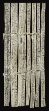 漢簡《康居王使者冊》。此簡記載了西域康居國使者前來“進貢”駱駝，抵達敦煌遇到不公后反映問題，朝廷受理解決的經(jīng)過。新華社發(fā)（甘肅簡牘博物館供圖）