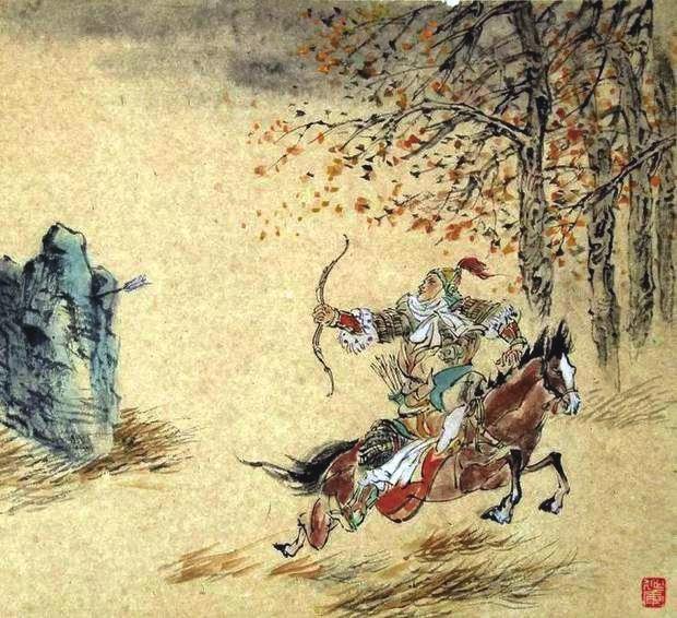 “林暗草驚風(fēng)，將軍夜引弓。”畫作